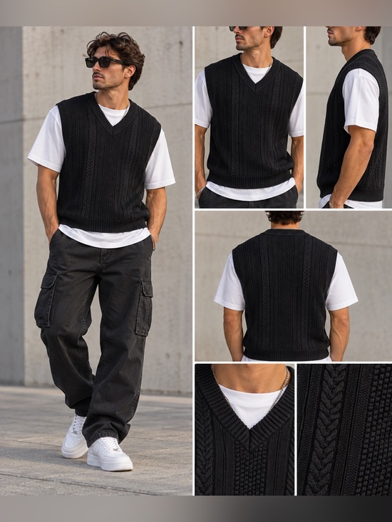 Bershka Other - Bershka Black Cable Knit Sweater Vest V-Neck Sz L NWT